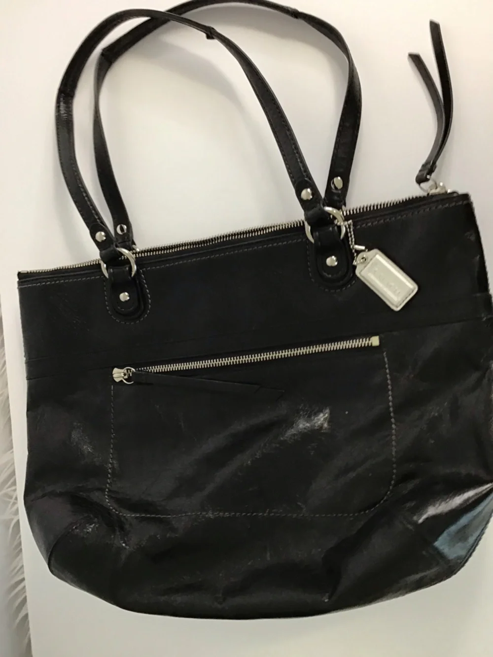 COACH LG POPPY  Black Distressed Look LEATHER Tote Shoulder